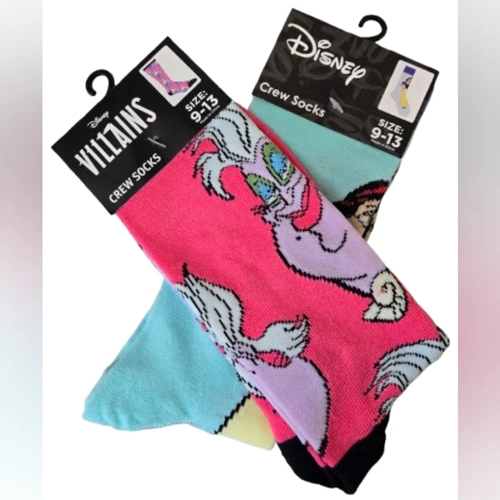 NWT Disney 2 Crew Socks, Snow White Ursula Blue and Pink Adult 9-13